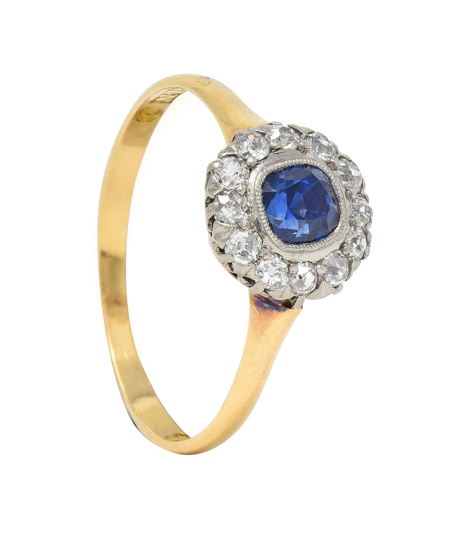 Edwardian 0.83 Sapphire Diamond 18 Karat Yellow Gold Platinum Antique Halo Ring 6