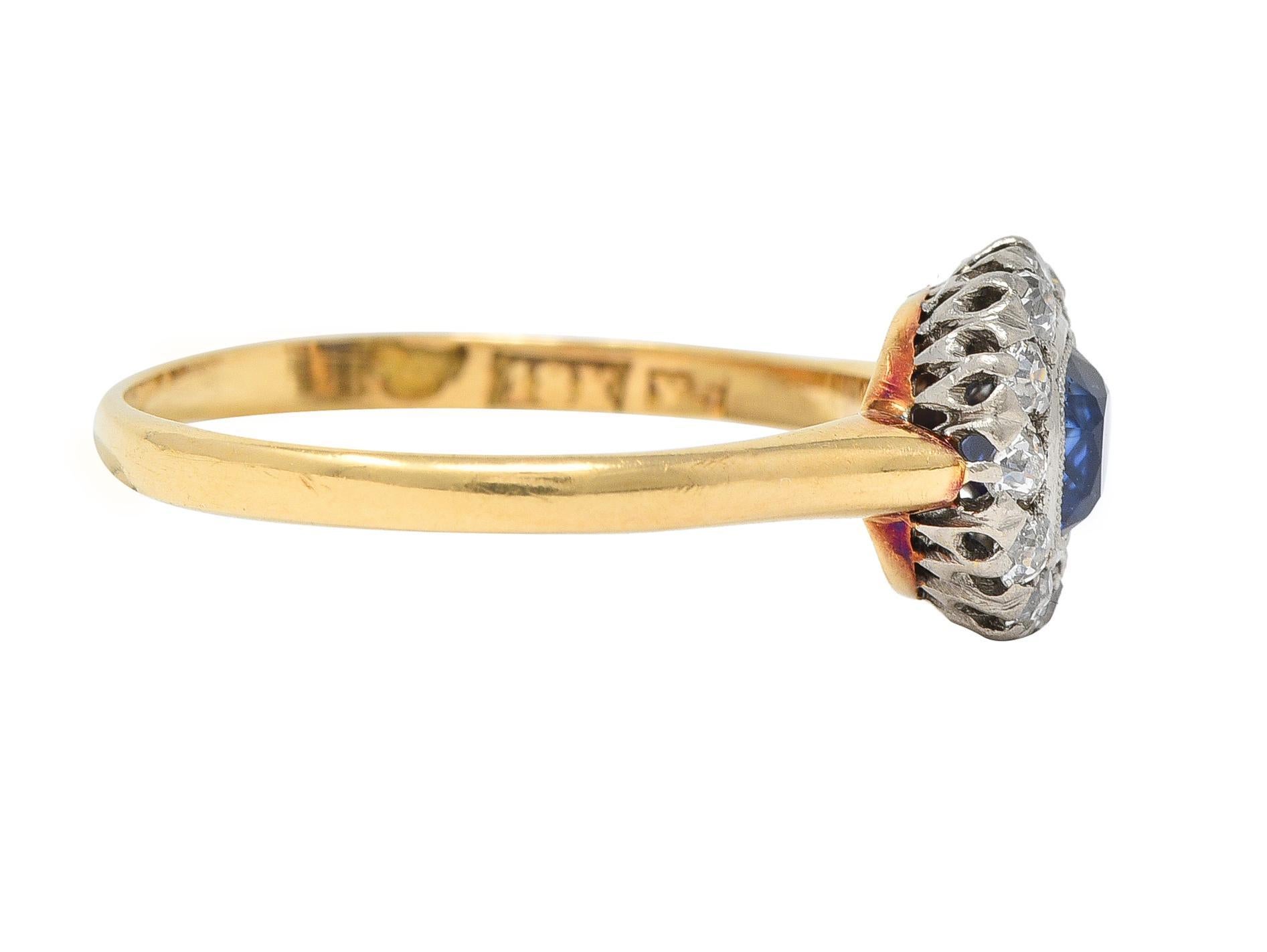 Victorian Edwardian 0.83 Sapphire Diamond 18 Karat Yellow Gold Platinum Antique Halo Ring
