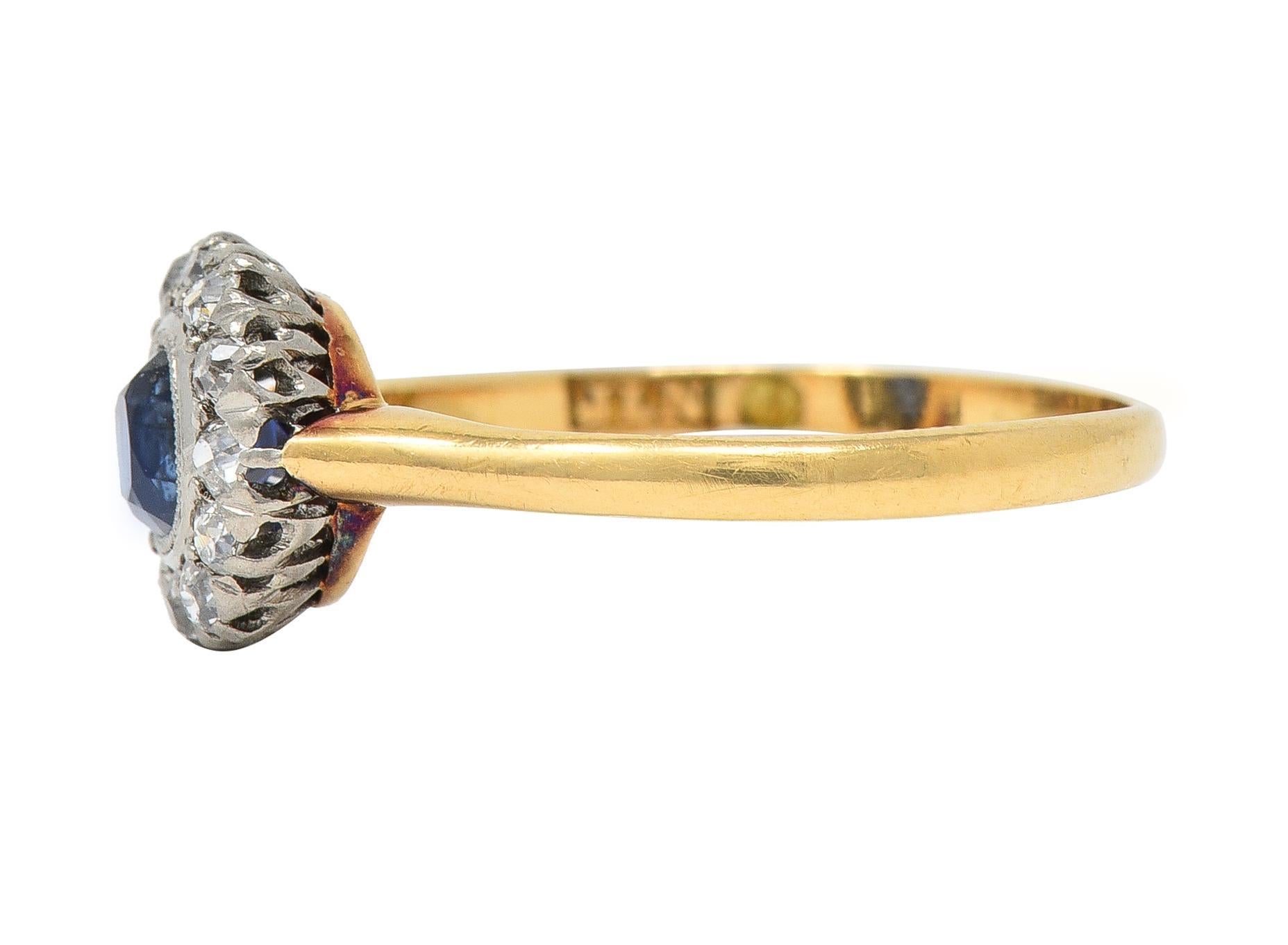 Edwardian 0.83 Sapphire Diamond 18 Karat Yellow Gold Platinum Antique Halo Ring In Excellent Condition In Philadelphia, PA