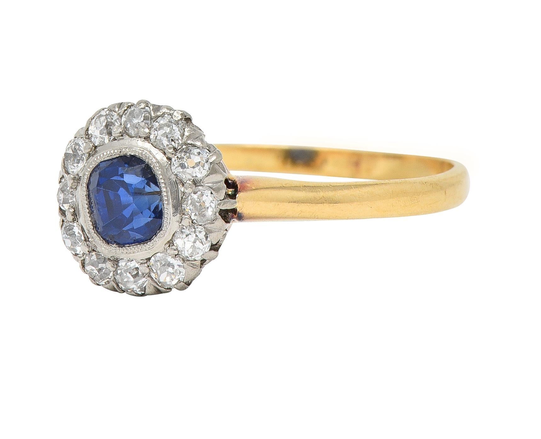 Women's or Men's Edwardian 0.83 Sapphire Diamond 18 Karat Yellow Gold Platinum Antique Halo Ring
