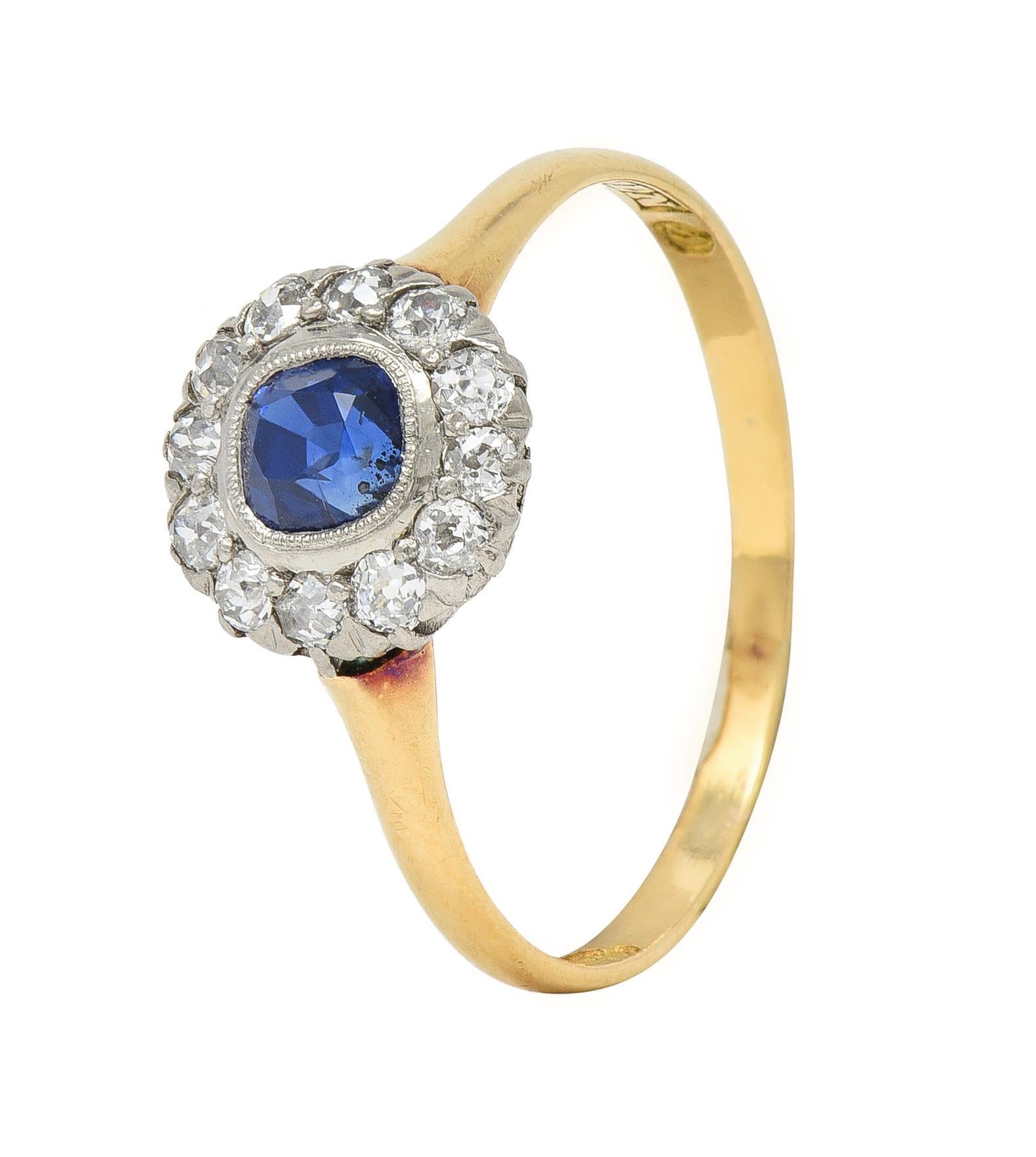 Edwardian 0.83 Sapphire Diamond 18 Karat Yellow Gold Platinum Antique Halo Ring 3