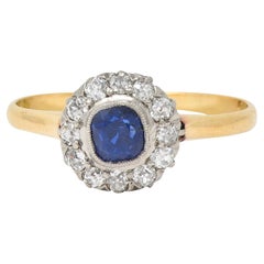 Edwardian 0.83 Sapphire Diamond 18 Karat Yellow Gold Platinum Antique Halo Ring