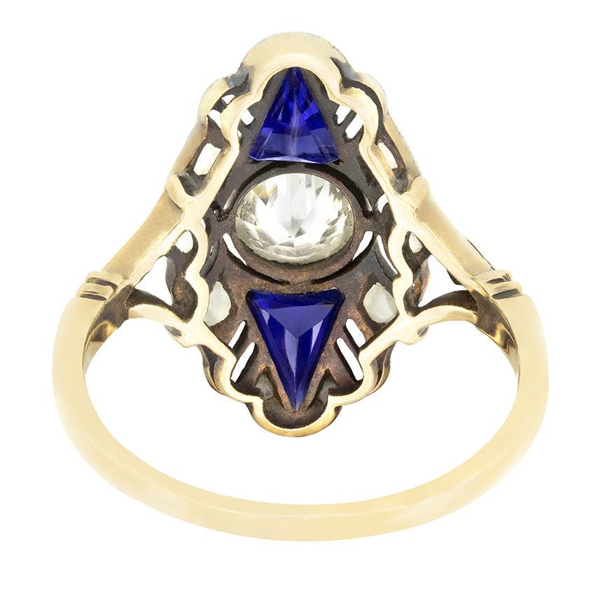 Edwardianischer 0,85ct Diamant und Saphir Navette Ring, um 1910 im Zustand „Gut“ im Angebot in London, GB