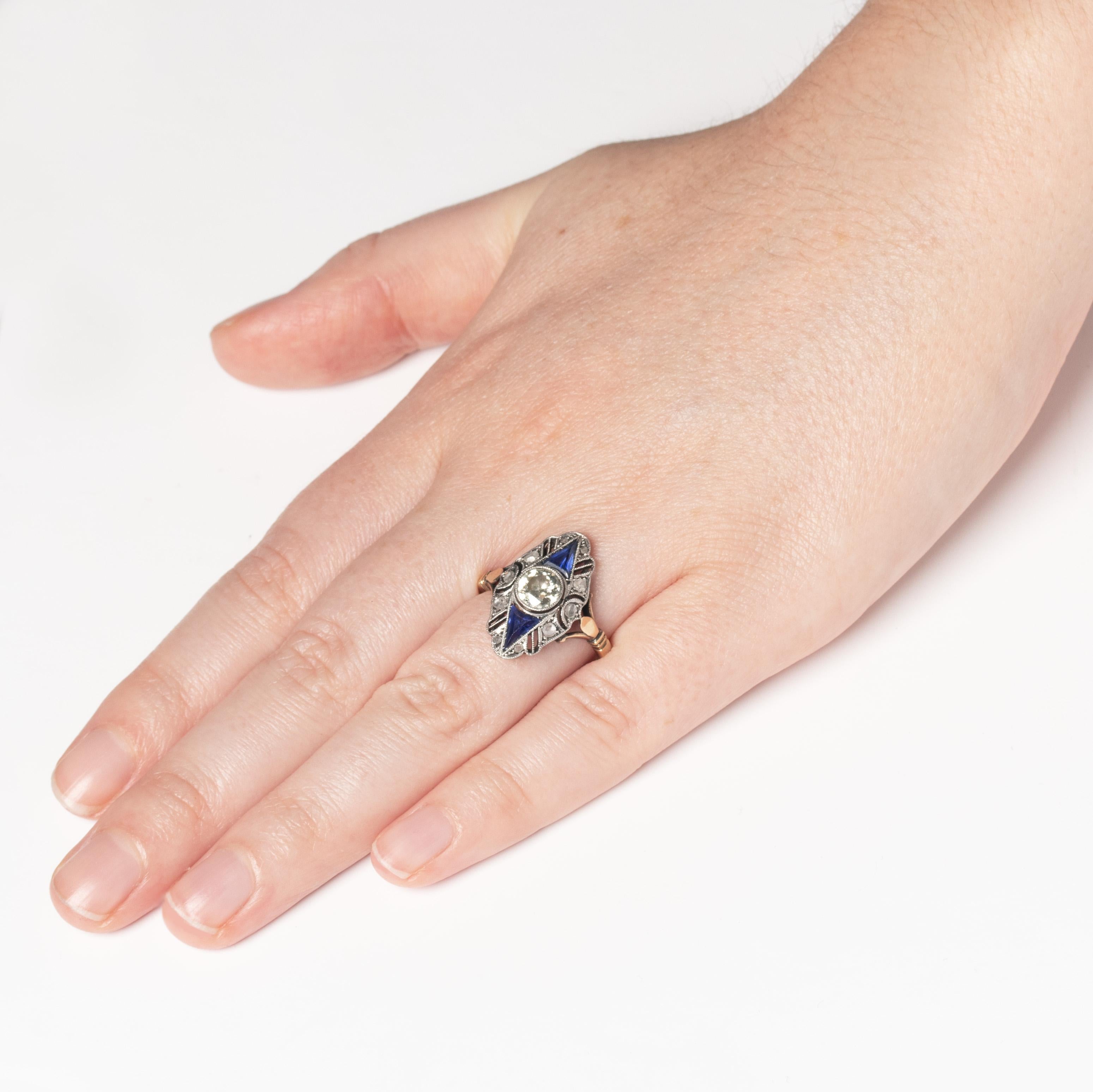 Edwardianischer 0,85ct Diamant und Saphir Navette Ring, um 1910 Damen im Angebot