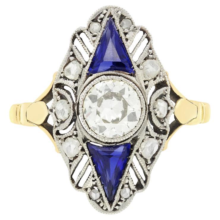 Edwardianischer 0,85ct Diamant und Saphir Navette Ring, um 1910