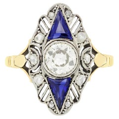 Edwardian 0.85ct Diamond and Sapphire Navette Ring, c.1910s