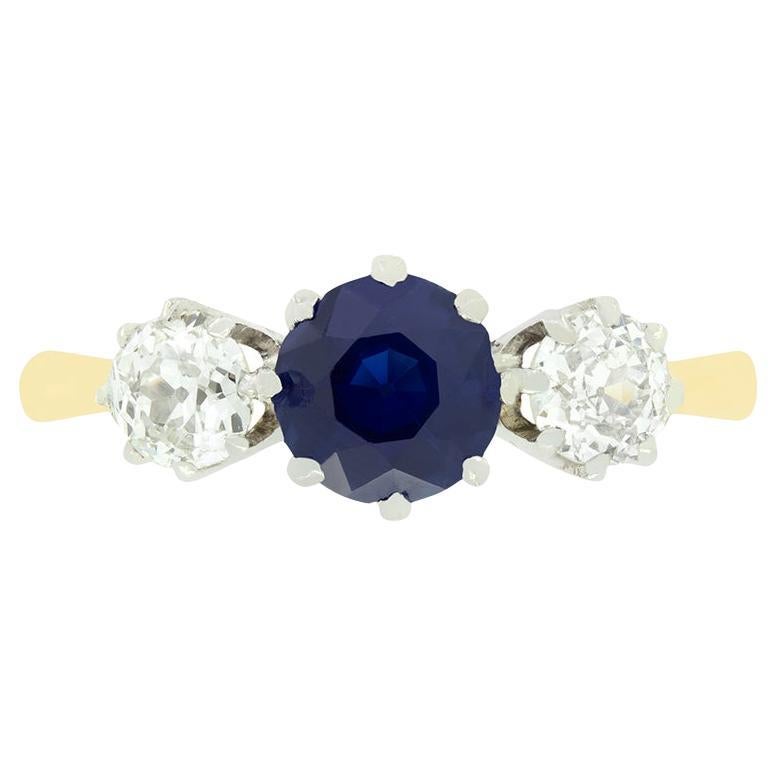 Edwardian 0.85ct Sapphire and Diamond Three Stone, c.1910s For Sale
