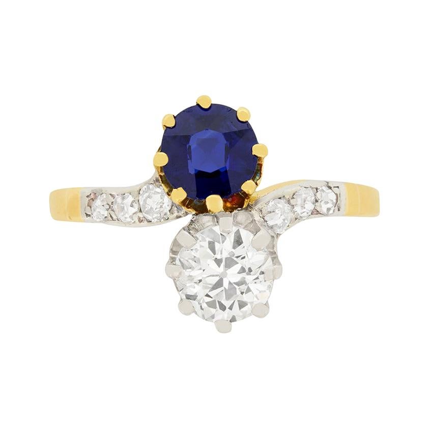 Edwardian 0.87 Carat Diamond and 0.80 Carat Sapphire Twist Ring, circa 1910s