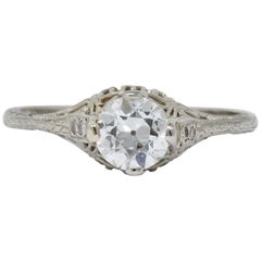 Edwardian 0.88 Carat Diamond 14 Karat White Gold Engagement Ring GIA