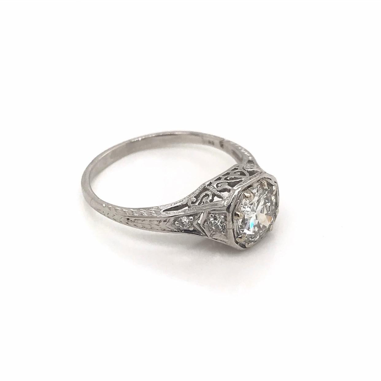 Old European Cut Edwardian 0.9 Carat Diamond Platinum Engagement Ring For Sale