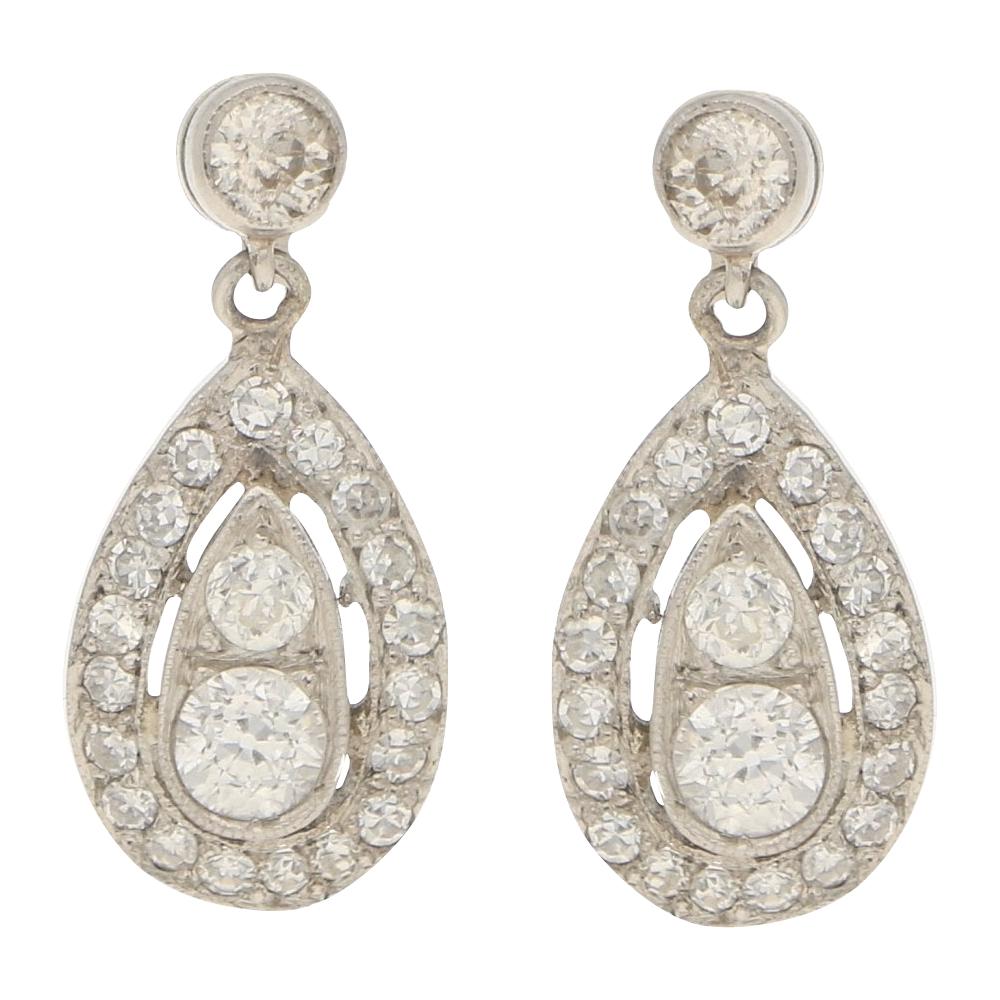 Edwardian Diamond Pendant Style Drop Earrings in Platinum 0.90 Carat