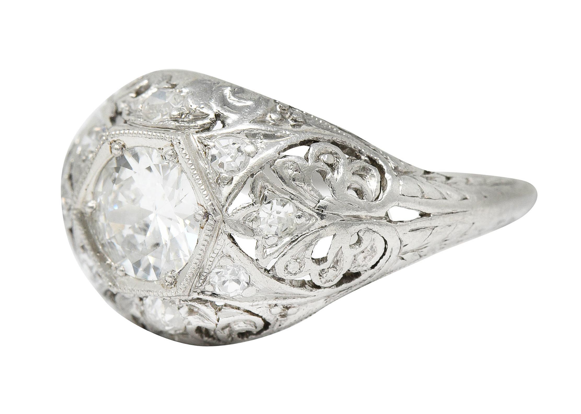Edwardian 0.90 Carat Diamond Platinum Foliate Bombe Band Ring In Excellent Condition In Philadelphia, PA