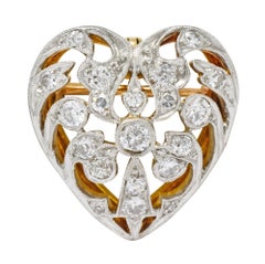 Edwardian 0.90 Carat Diamond Platinum-Topped 14 Karat Gold Heart Pendant Brooch