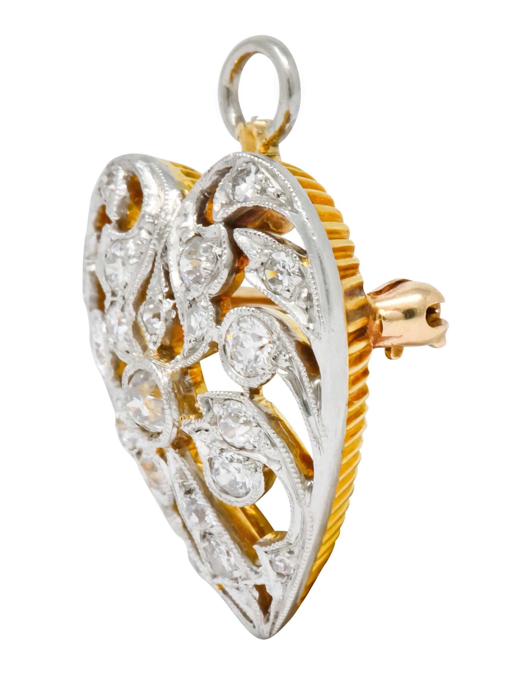 Old European Cut Edwardian 0.90 Carat Diamond Platinum-Topped 14 Karat Gold Heart Pendant Brooch