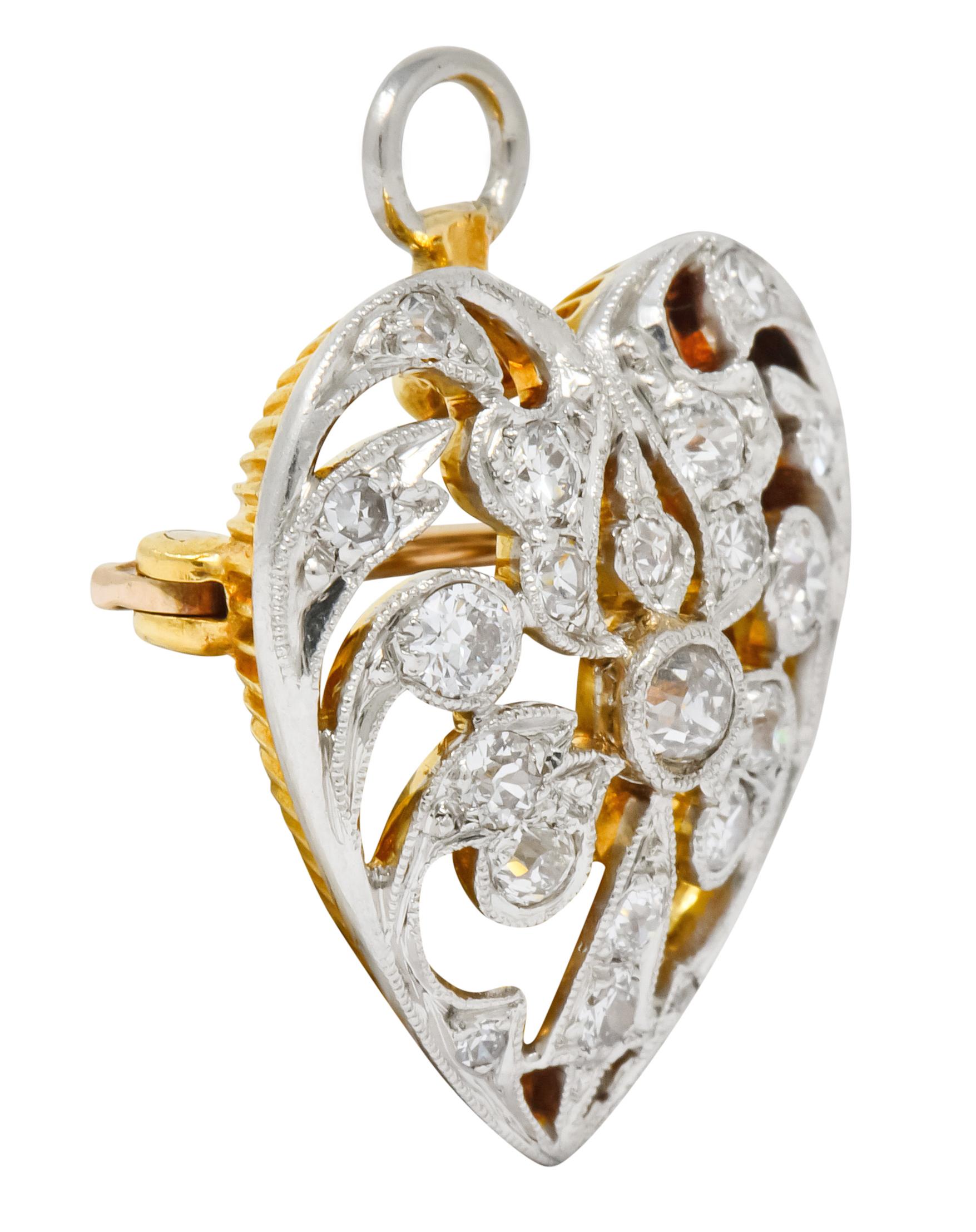 Edwardian 0.90 Carat Diamond Platinum-Topped 14 Karat Gold Heart Pendant Brooch In Excellent Condition In Philadelphia, PA