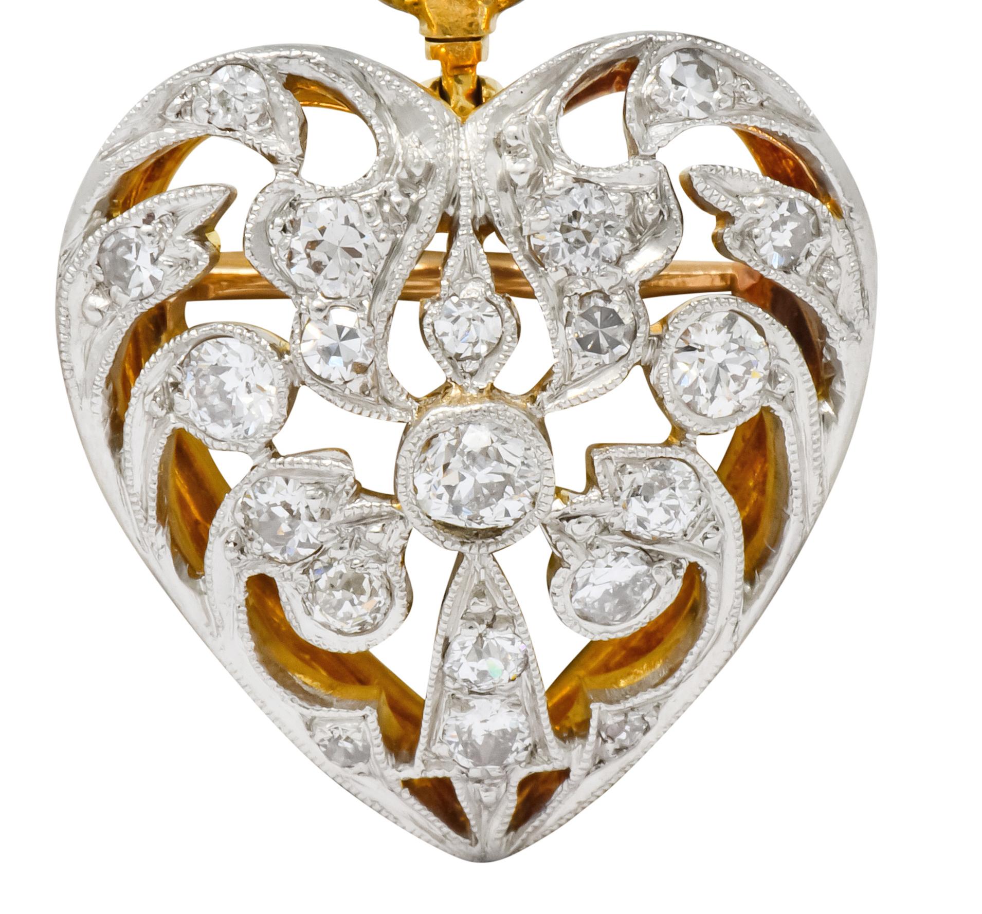 Women's or Men's Edwardian 0.90 Carat Diamond Platinum-Topped 14 Karat Gold Heart Pendant Brooch