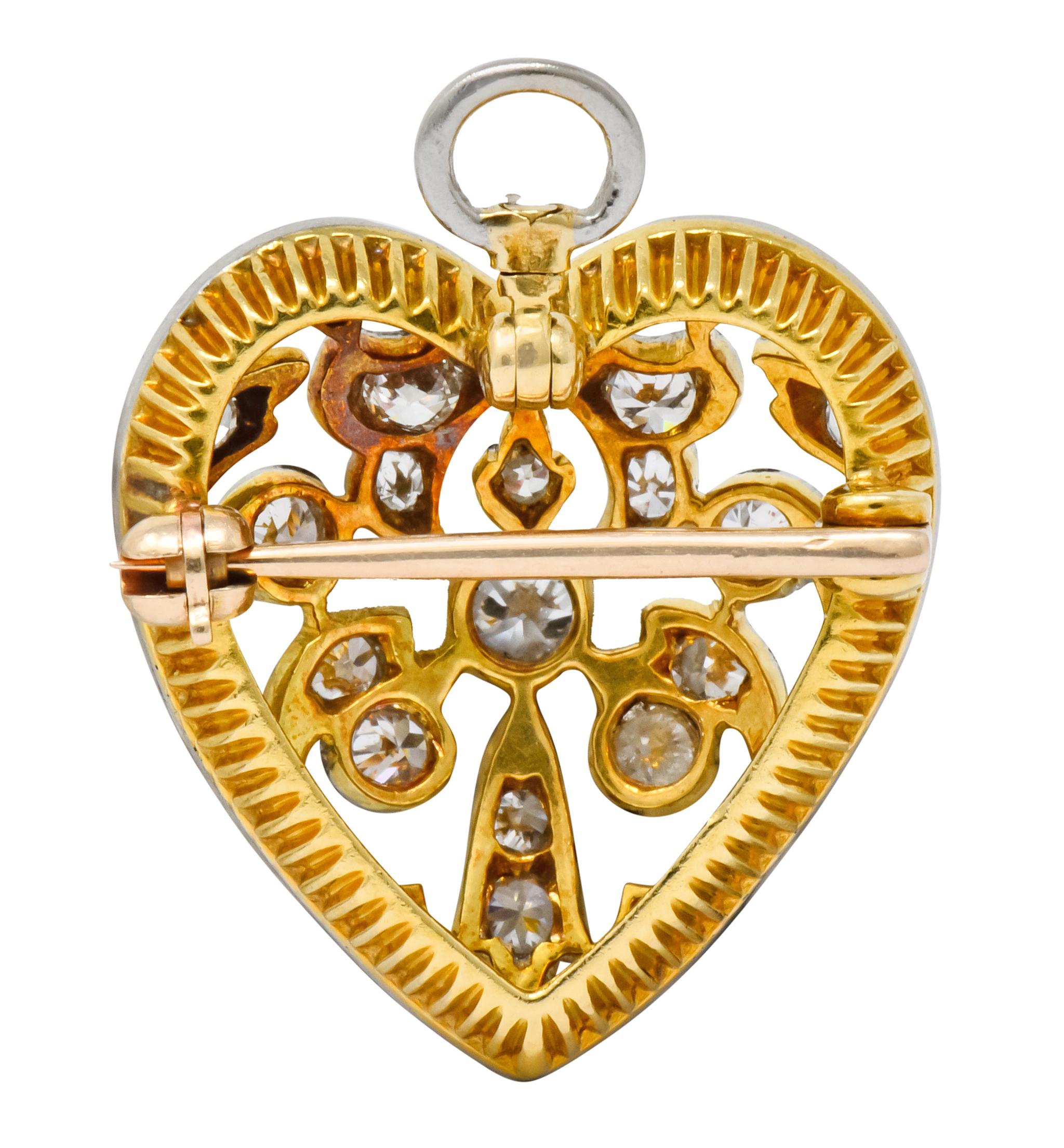 Edwardian 0.90 Carat Diamond Platinum-Topped 14 Karat Gold Heart Pendant Brooch 1