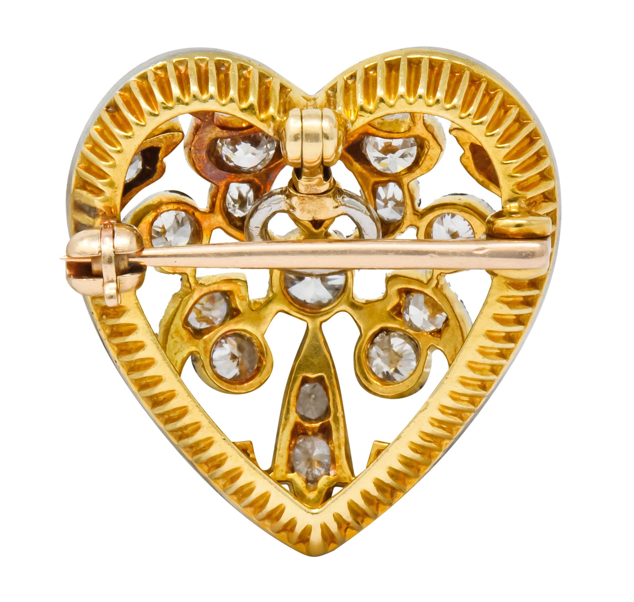 Edwardian 0.90 Carat Diamond Platinum-Topped 14 Karat Gold Heart Pendant Brooch 2