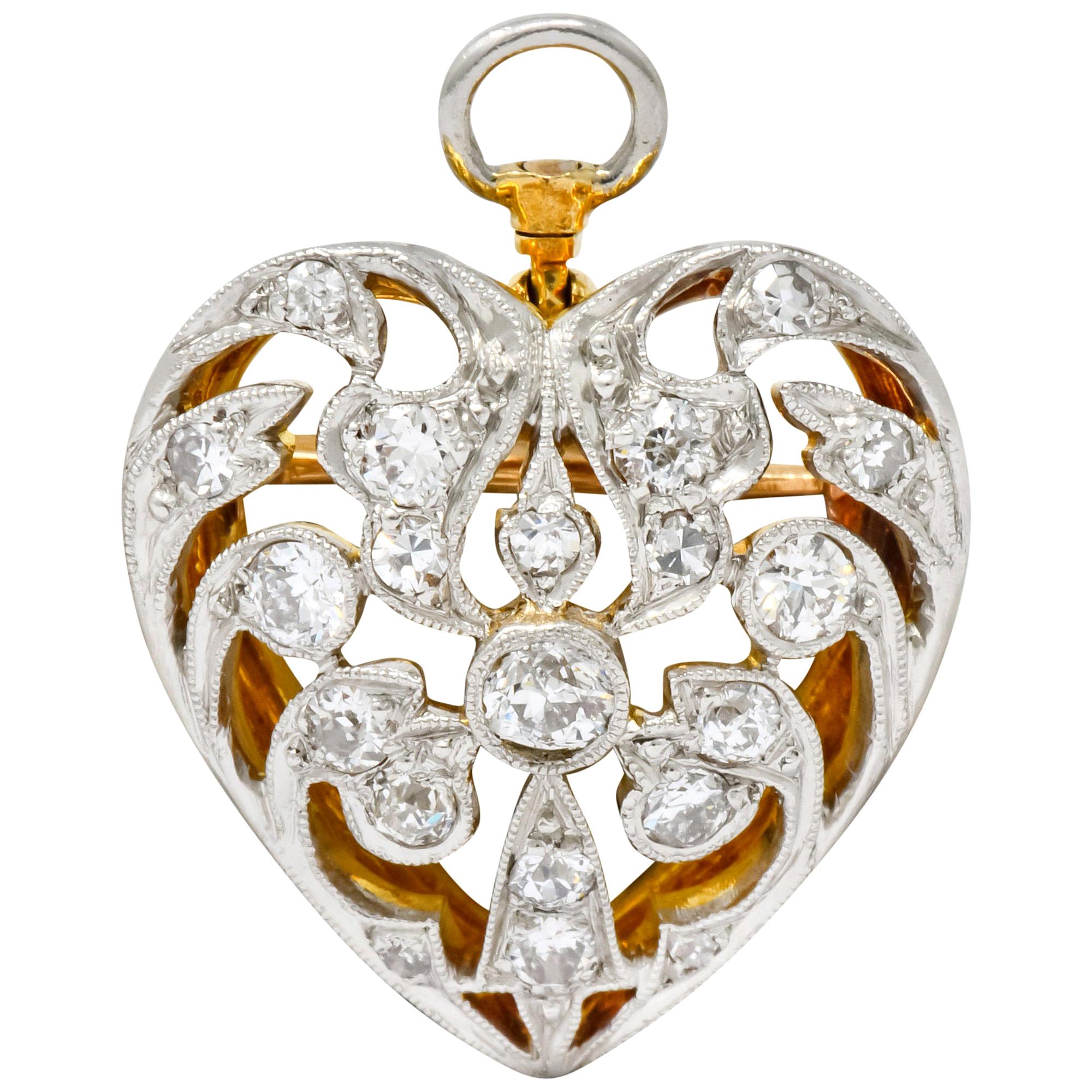 Edwardian 0.90 Carat Diamond Platinum-Topped 14 Karat Gold Heart Pendant Brooch