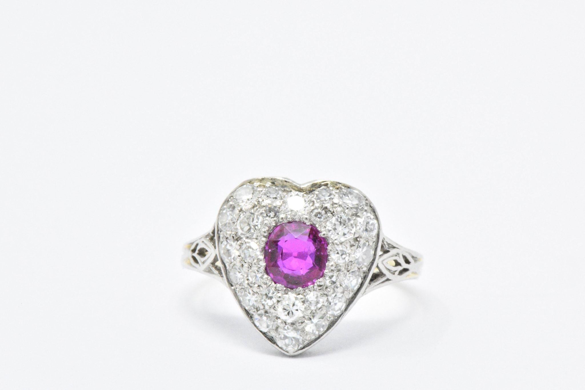 Antique Cushion Cut Edwardian Burma Ruby Diamond Platinum-Topped 14 Karat Gold Heart Ring