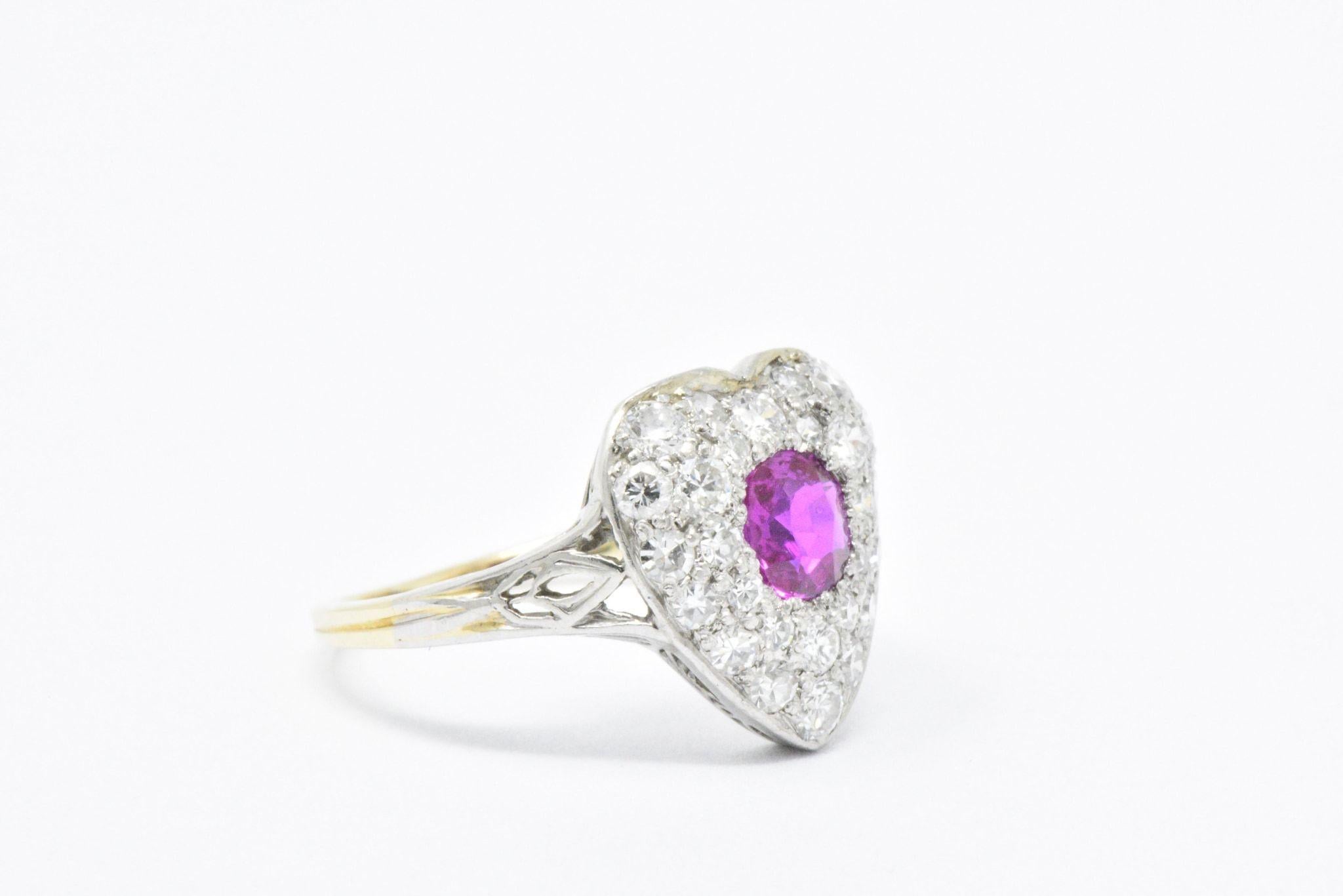 Women's or Men's Edwardian Burma Ruby Diamond Platinum-Topped 14 Karat Gold Heart Ring