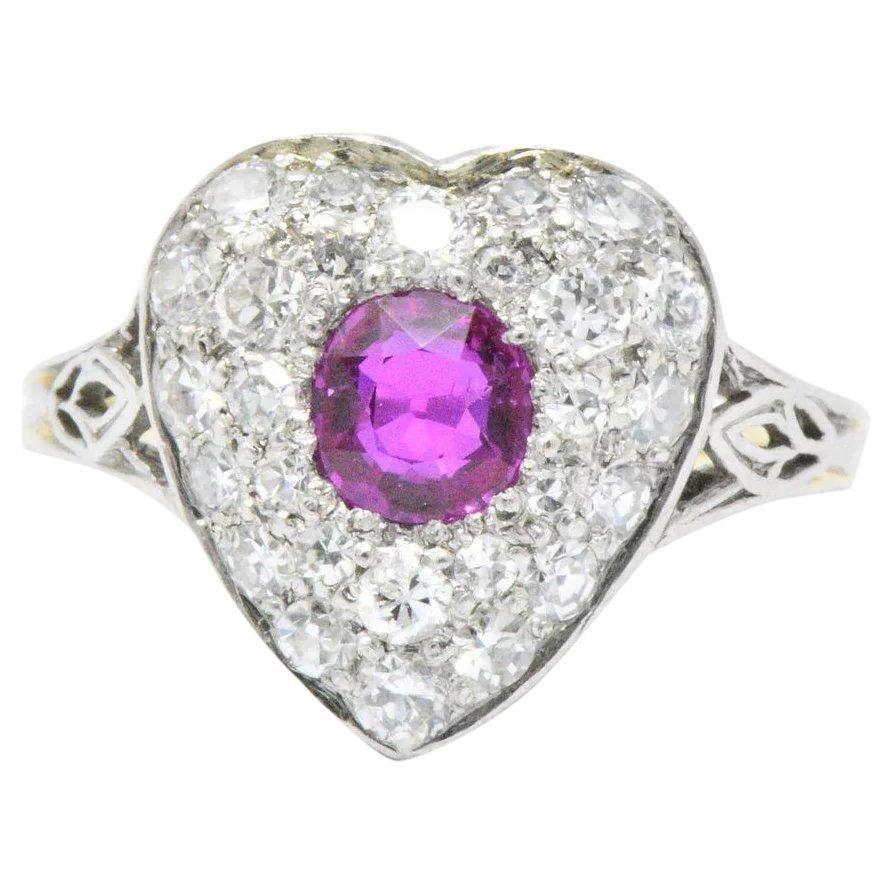Edwardian Burma Ruby Diamond Platinum-Topped 14 Karat Gold Heart Ring