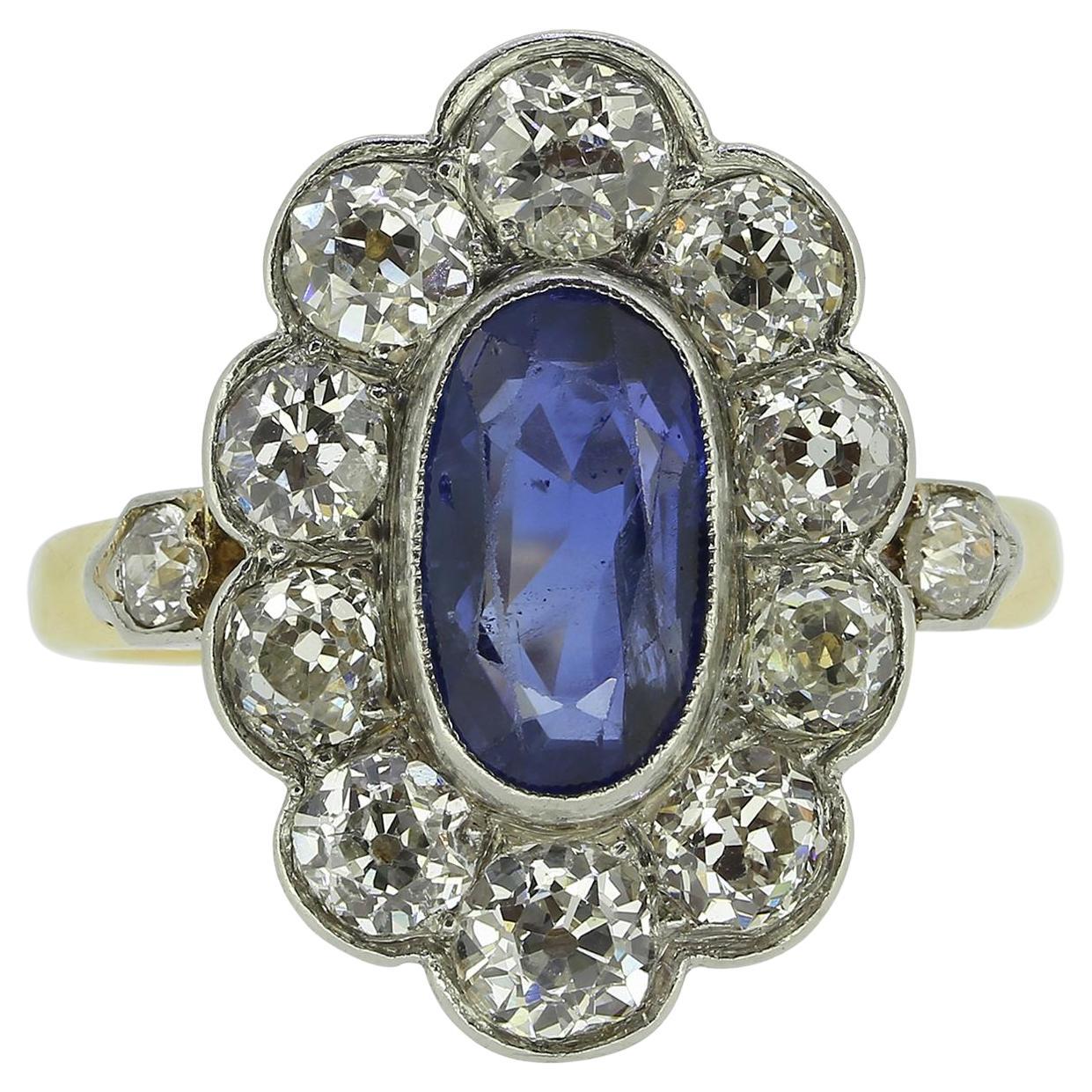 Edwardian 0.95 Carat Burmese Sapphire and Diamond Cluster Ring