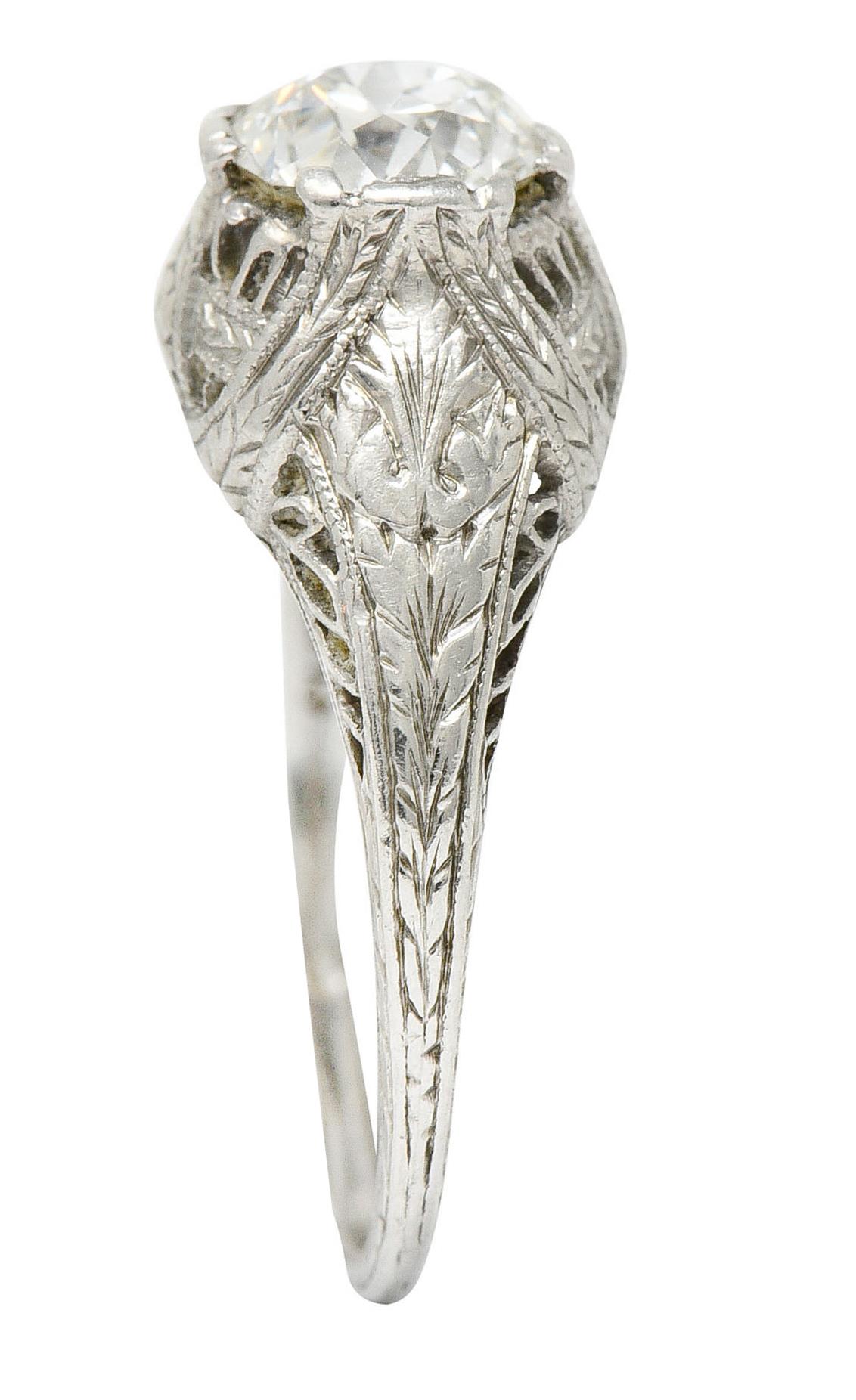 Edwardian 0.95 Carat Diamond Platinum Laurel Foliate Engagement Ring 3