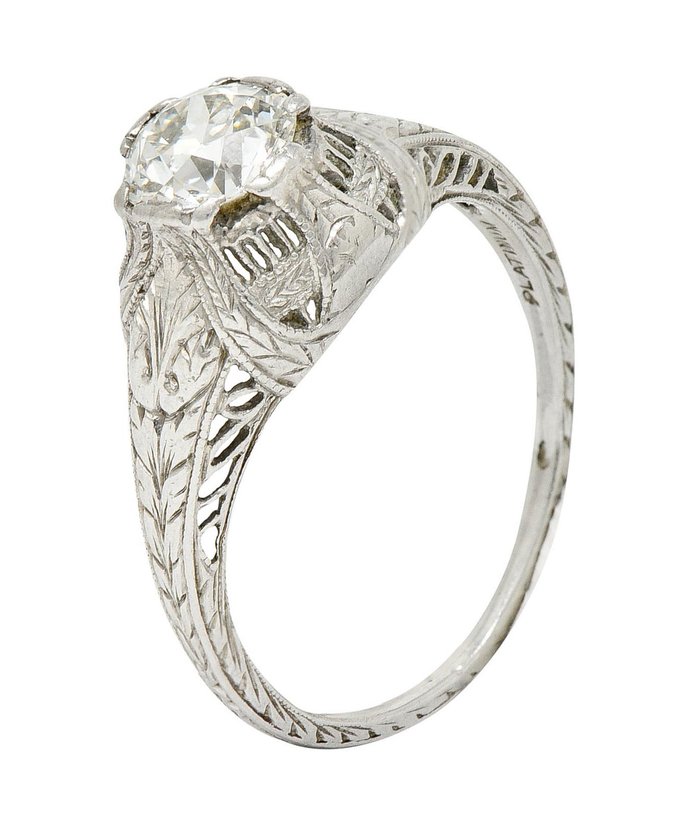 Edwardian 0.95 Carat Diamond Platinum Laurel Foliate Engagement Ring 4