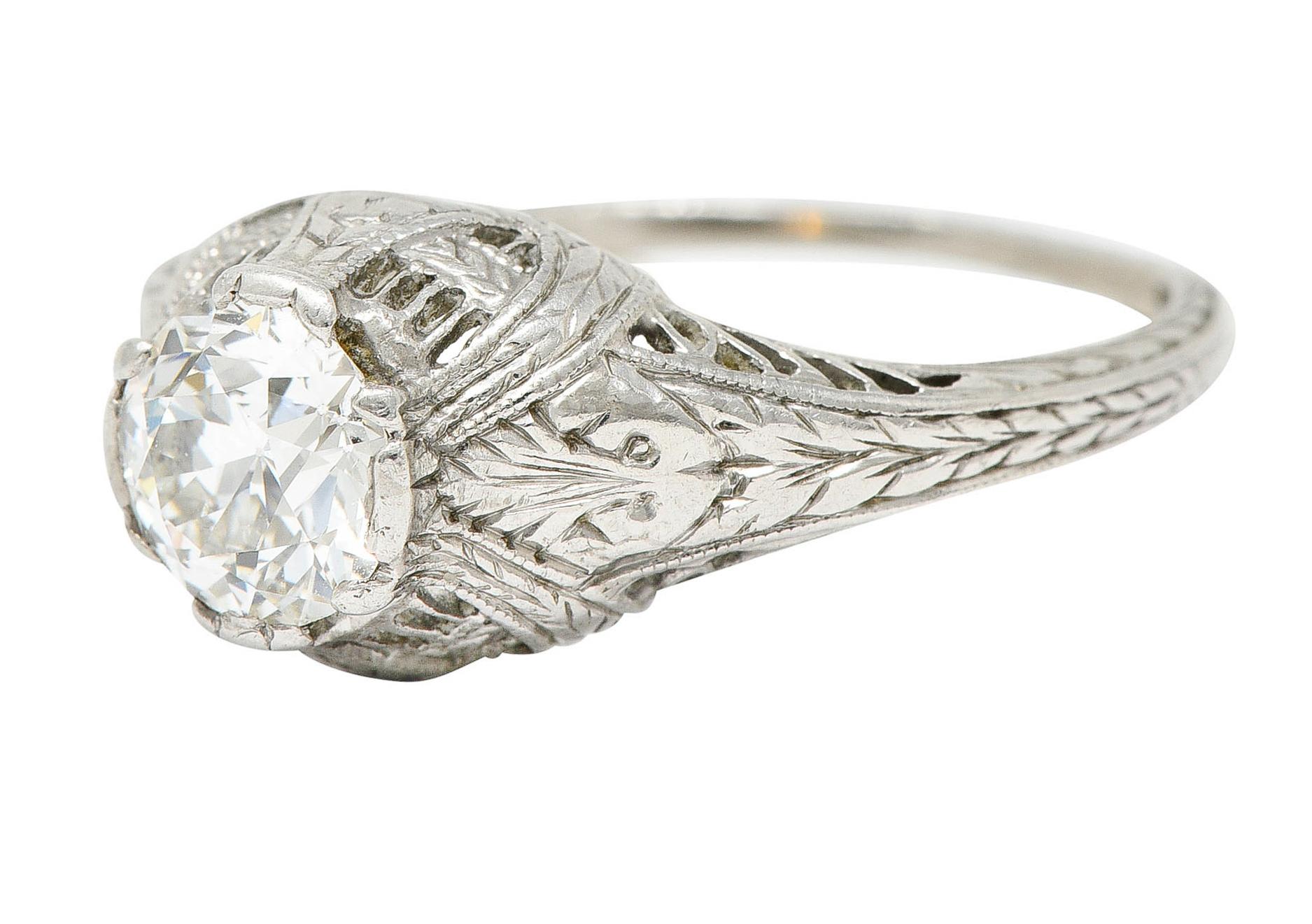 Edwardian 0.95 Carat Diamond Platinum Laurel Foliate Engagement Ring In Excellent Condition In Philadelphia, PA