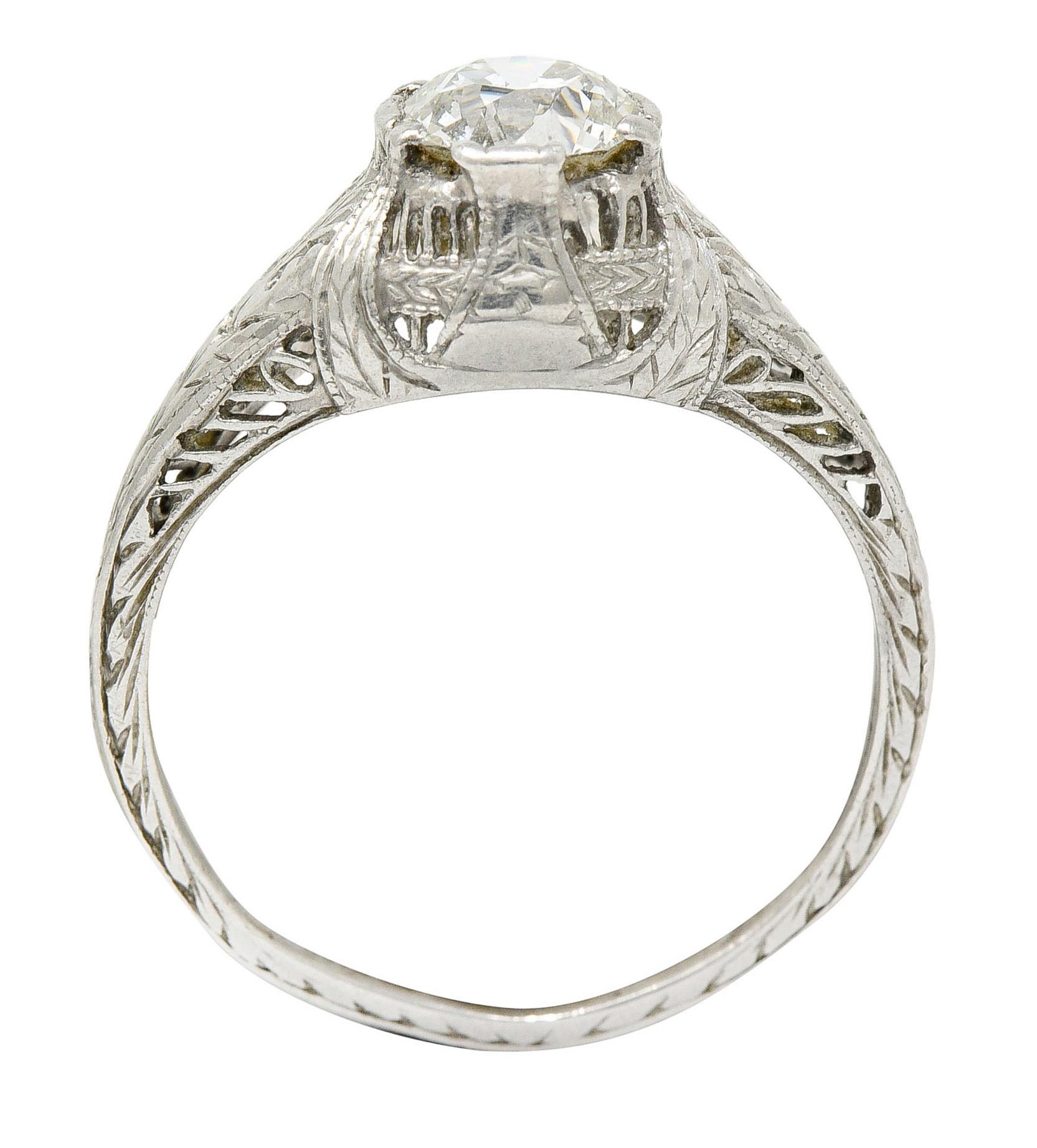Edwardian 0.95 Carat Diamond Platinum Laurel Foliate Engagement Ring 1