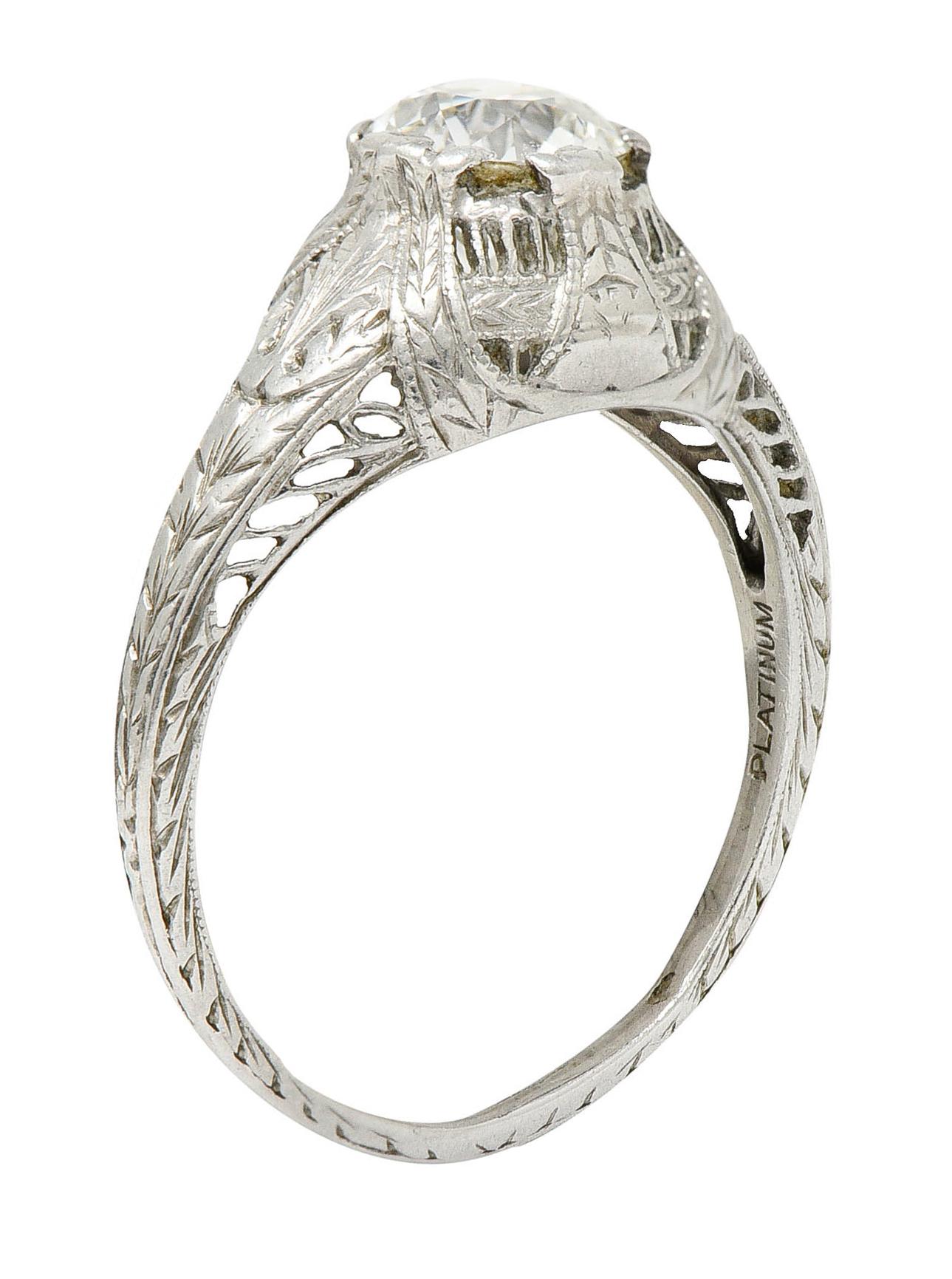 Edwardian 0.95 Carat Diamond Platinum Laurel Foliate Engagement Ring 2