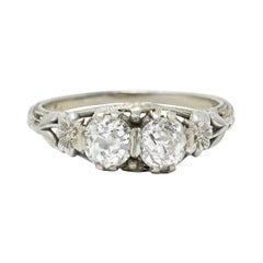 Antique Edwardian 0.95 Carat Double Diamond 18 Karat White Gold Floral Engagement Ring