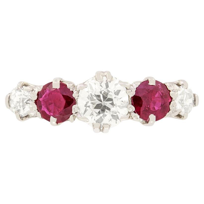 Edwardian 0.95ct Diamond and Ruby Five Stone Ring, c.1910s For Sale