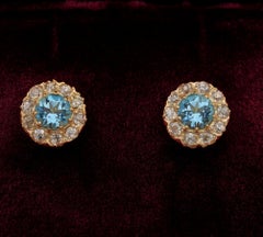 Edwardian 1.0 Carat Aquamarine 2.20 Carat Old Mine Diamond Stud Earrings