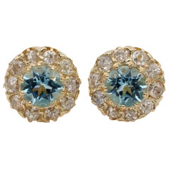 Antique Edwardian 1.0 Carat Aquamarine 2.20 Carat Old Mine Diamond Stud Earrings