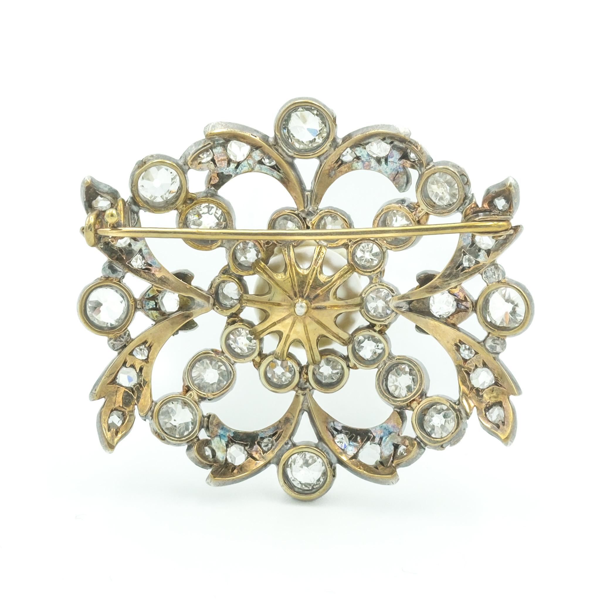Rose Cut Edwardian 10 Karat White Gold, Silver Topped Diamond and Pearl Brooch For Sale