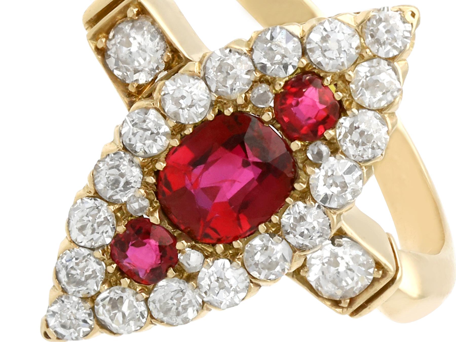 Cushion Cut Edwardian 1.00 Carat Siam Ruby and 1.12 Carat Diamond Yellow Gold Cocktail Ring For Sale