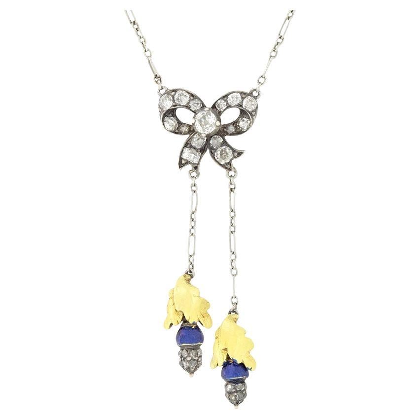Edwardian 1.00ct Diamond Bow Necklace, c.1910s For Sale