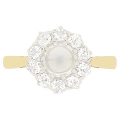 Antique Edwardian 1.00ct Moonstone and Diamond Cluster Ring, c.1910s