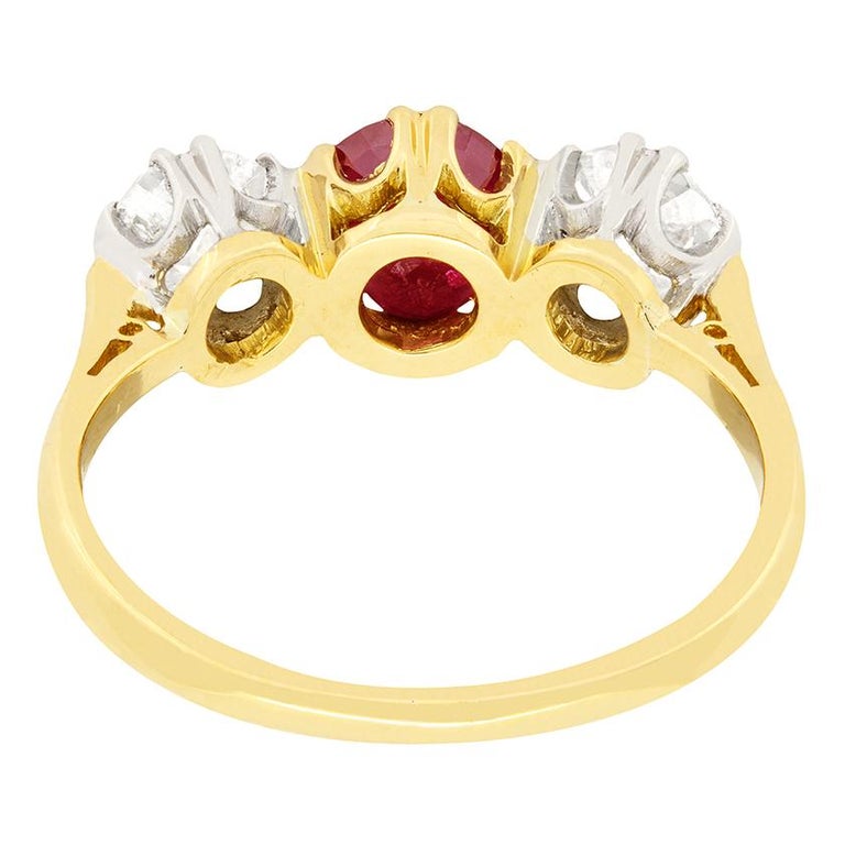 Old Mine Cut Edwardian 1.00ct Ruby and Diamond Three Stone Ring, C.1910s For Sale