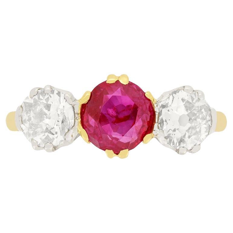 Edwardian 1.00ct Ruby and Diamond Three Stone Ring, C.1910s For Sale