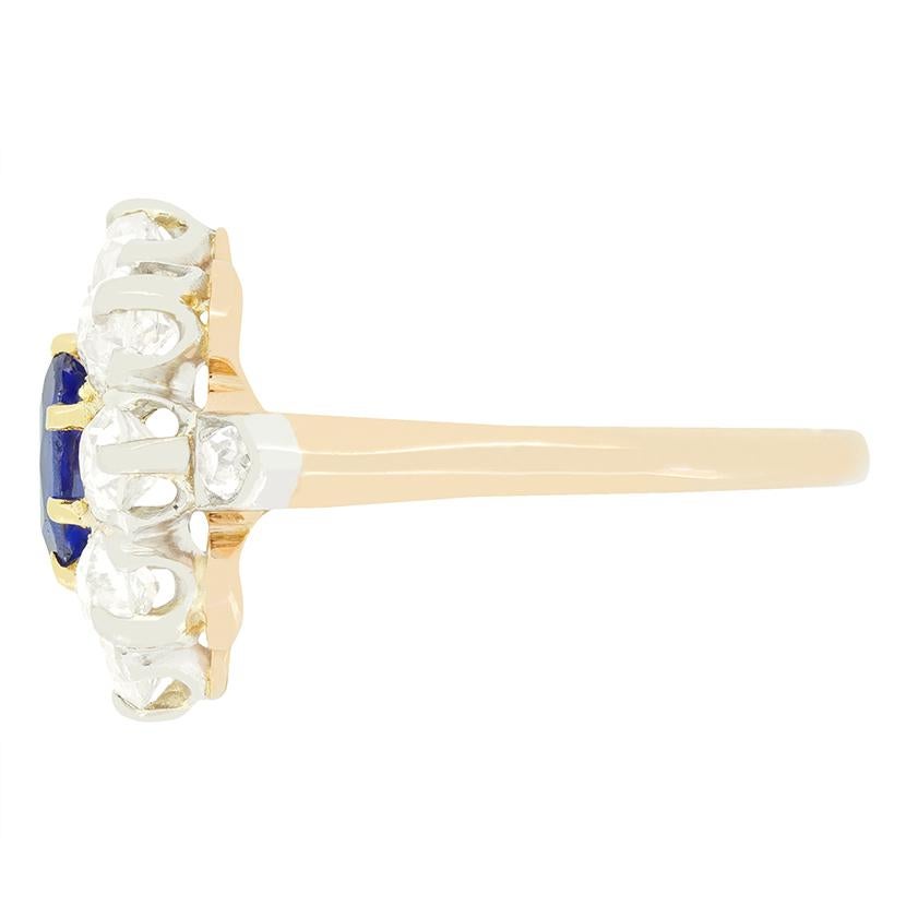 Oval Cut Edwardian 1.00ct Sapphire and Diamond Cluster Ring, c.1910s For Sale