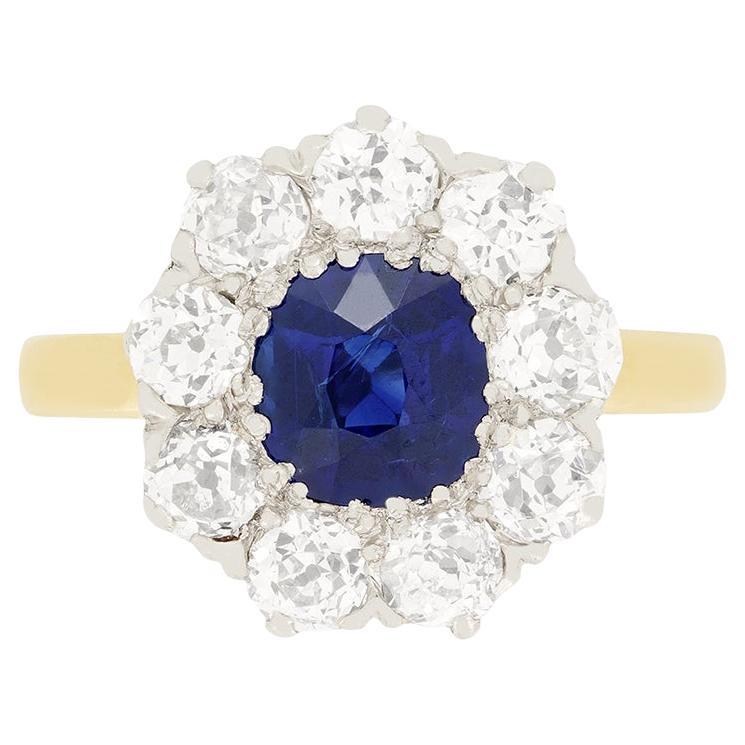Edwardian 1.00ct Sapphire and Diamond Cluster Ring, c.1910s
