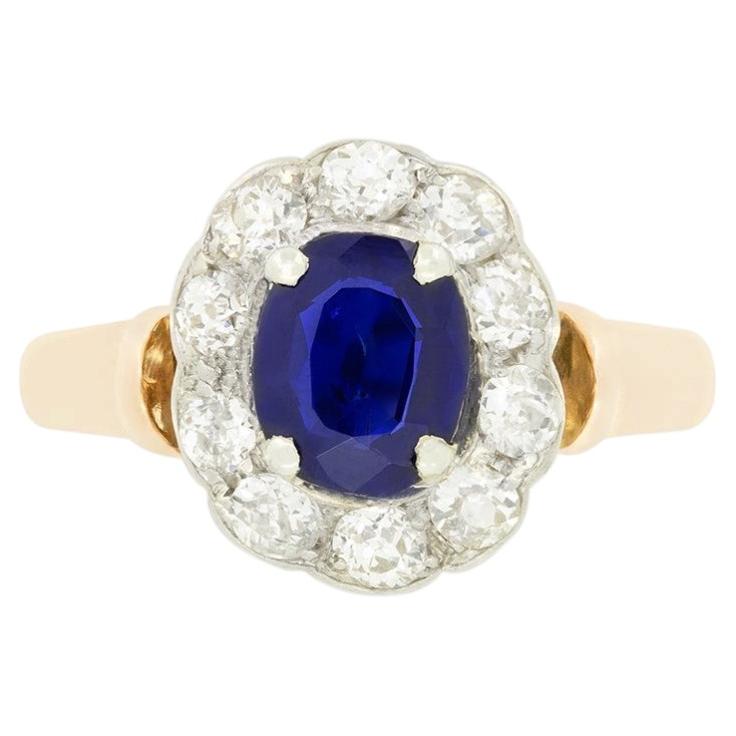 Edwardian 1.00ct Sapphire and Diamond Cluster Ring, c.1910s