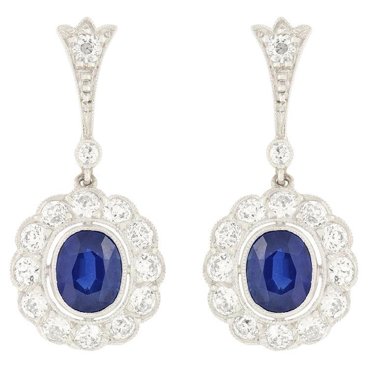 Edwardian 1.00ct Sapphire and Diamond Halo Drop Earrings, c.1915