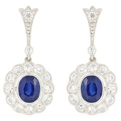 Antique Edwardian 1.00ct Sapphire and Diamond Halo Drop Earrings, c.1915