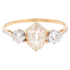 Edwardian 1.02 Carat GIA Certified Old Oval Cut Diamond 3-Stone Engagement Ring
