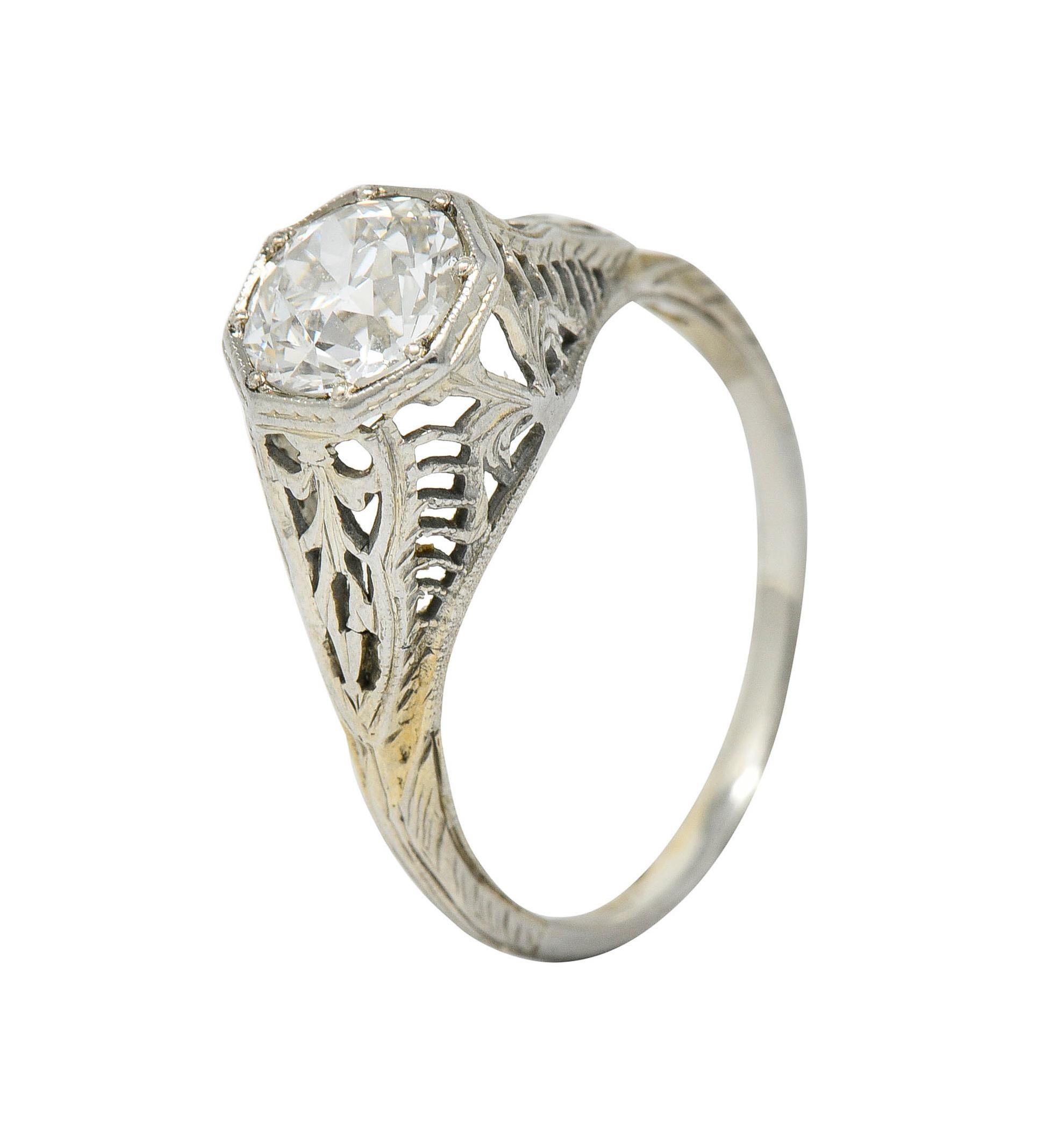 Edwardian 1.02 Carats Diamond 18 Karat White Gold Foliate Engagement Ring Ging For Sale 2