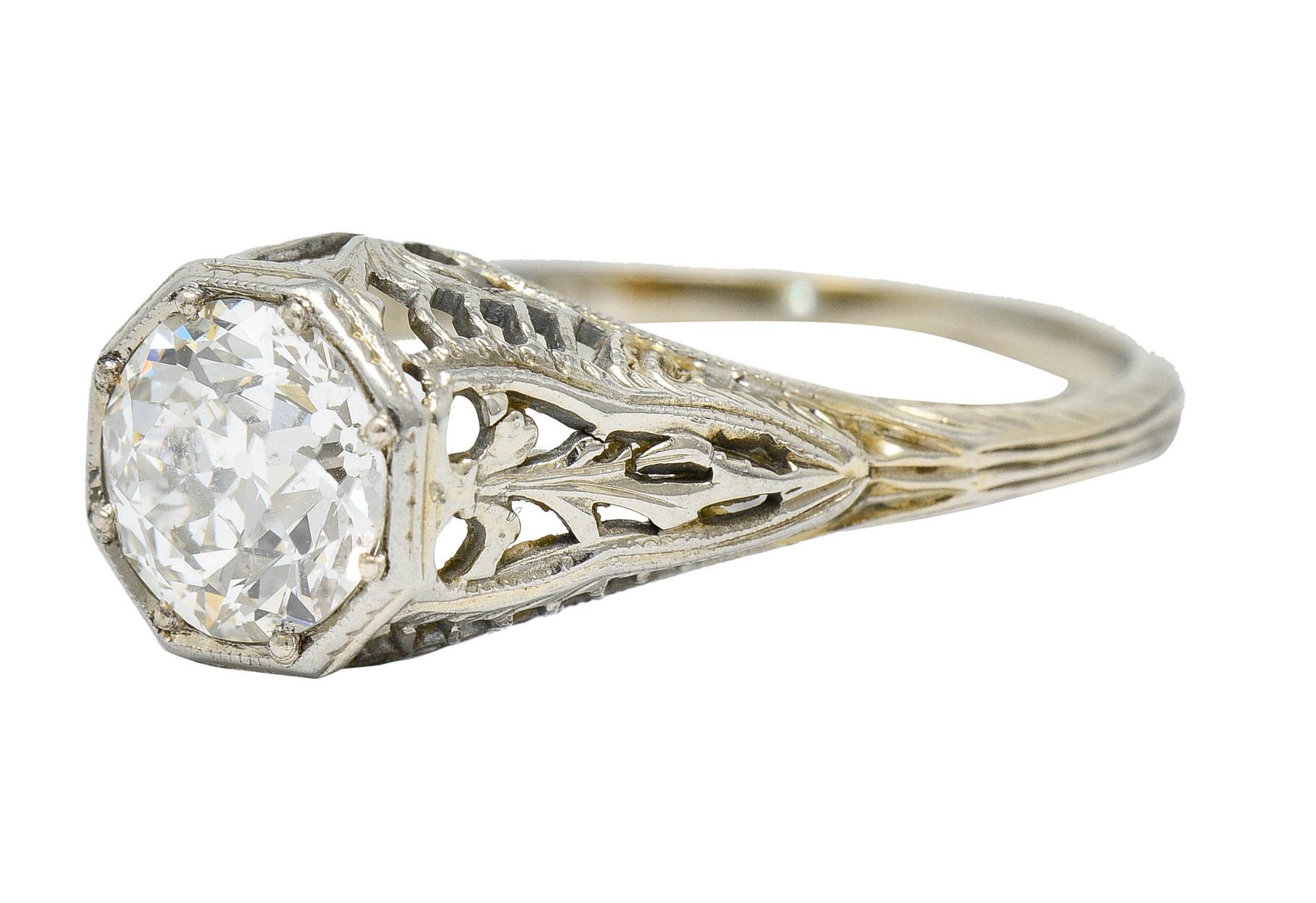 Old European Cut Edwardian 1.02 Carats Diamond 18 Karat White Gold Foliate Engagement Ring Ging For Sale